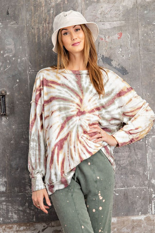 Faded Plum and Sage Spiral Tie Dye Pull Over