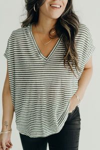 Olive & White Oversized Striped V-Neck