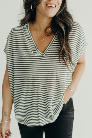 Olive & White Oversized Striped V-Neck
