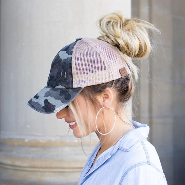 Distressed Denim Criss-Cross Hat