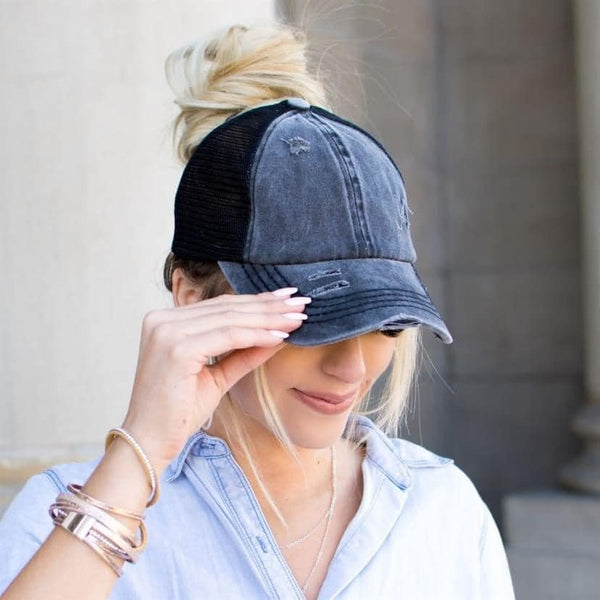 Distressed Denim Criss-Cross Hat