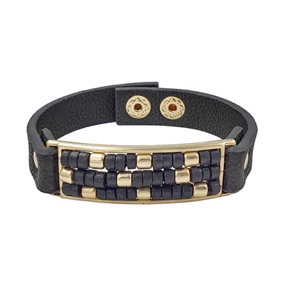 Black Wood Beaded and Gold on Black Leather Snap Bracelet