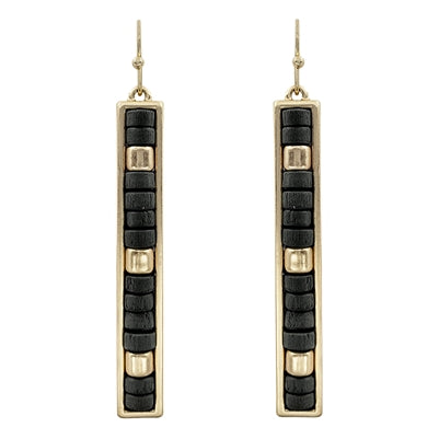 Black Wood and Gold Beaded Bar Earrings
