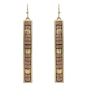 Taupe Wood and Gold Beaded Bar Earings