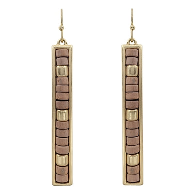 Taupe Wood and Gold Beaded Bar Earings