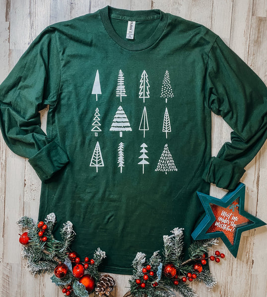 Tree Obsessed Hunter Green Long Sleeve Graphic Tee (Ships in 1-2 weeks as they are made when ordered)