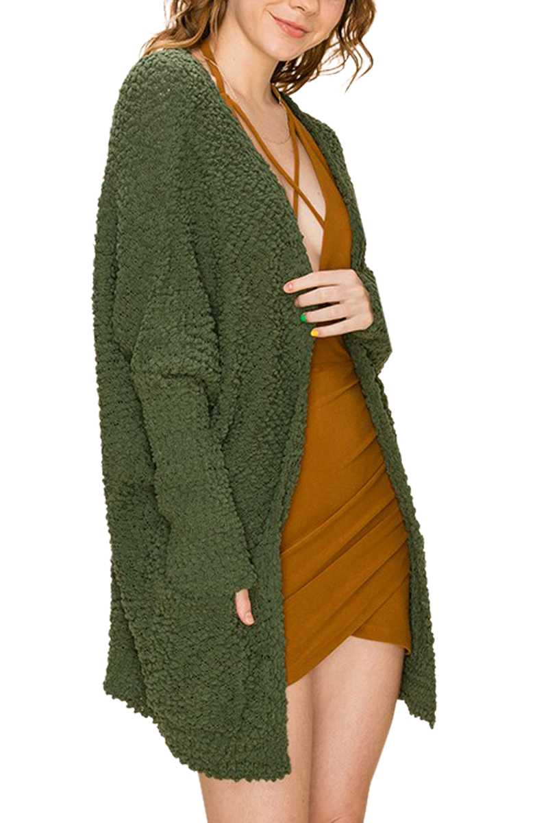 Olive Popcorn Knit Sweater Cardigan