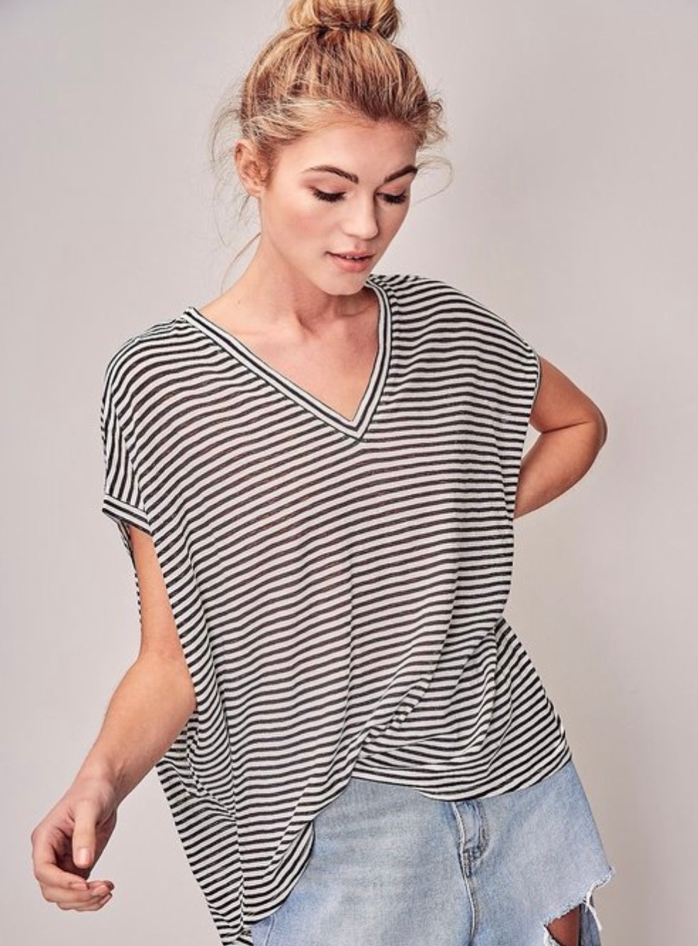 Black & White Oversized Striped V-Neck