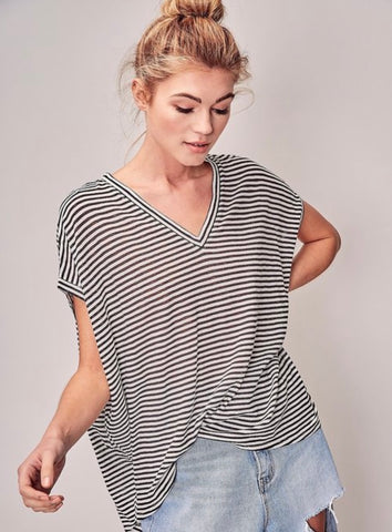 Black & White Oversized Striped V-Neck