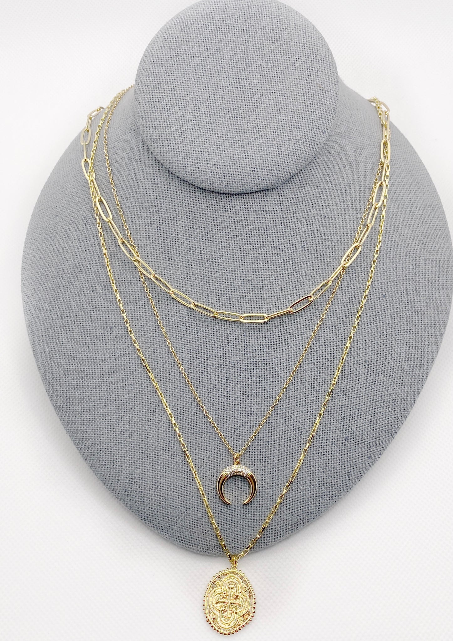 Gold/Rhinestone Horn Charm Layered Necklace