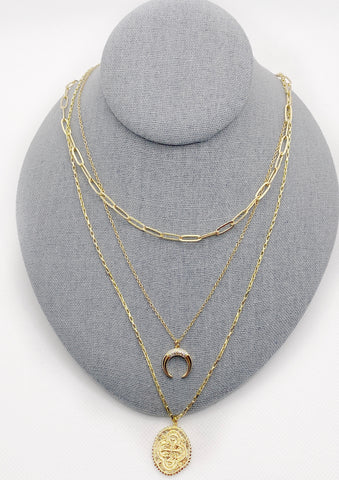 Gold/Rhinestone Horn Charm Layered Necklace