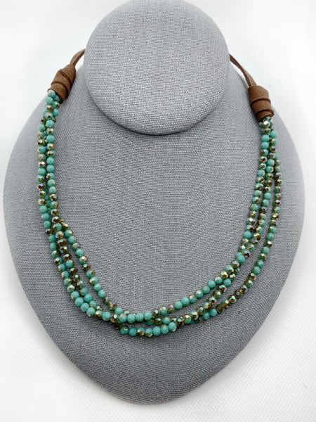 3 Strand Crystal Leather Necklace or Bracelet (Turquoise)