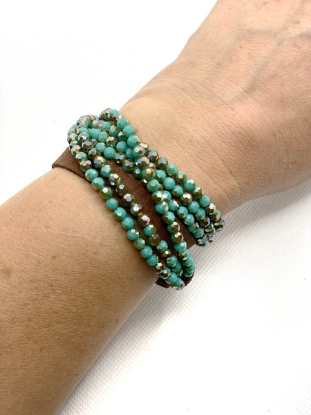 3 Strand Crystal Leather Necklace or Bracelet (Turquoise)