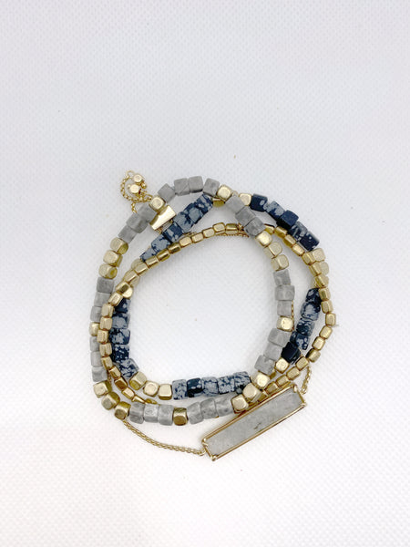 Gold Nugget Bead and Stone Bracelet Stack