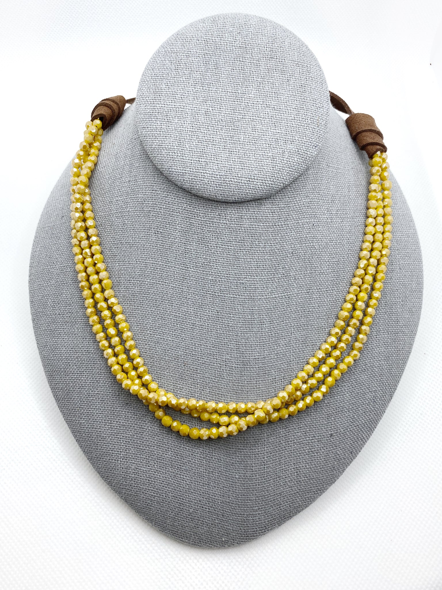 3 Strand Crystal Leather Necklace/Bracelet (Mustard)