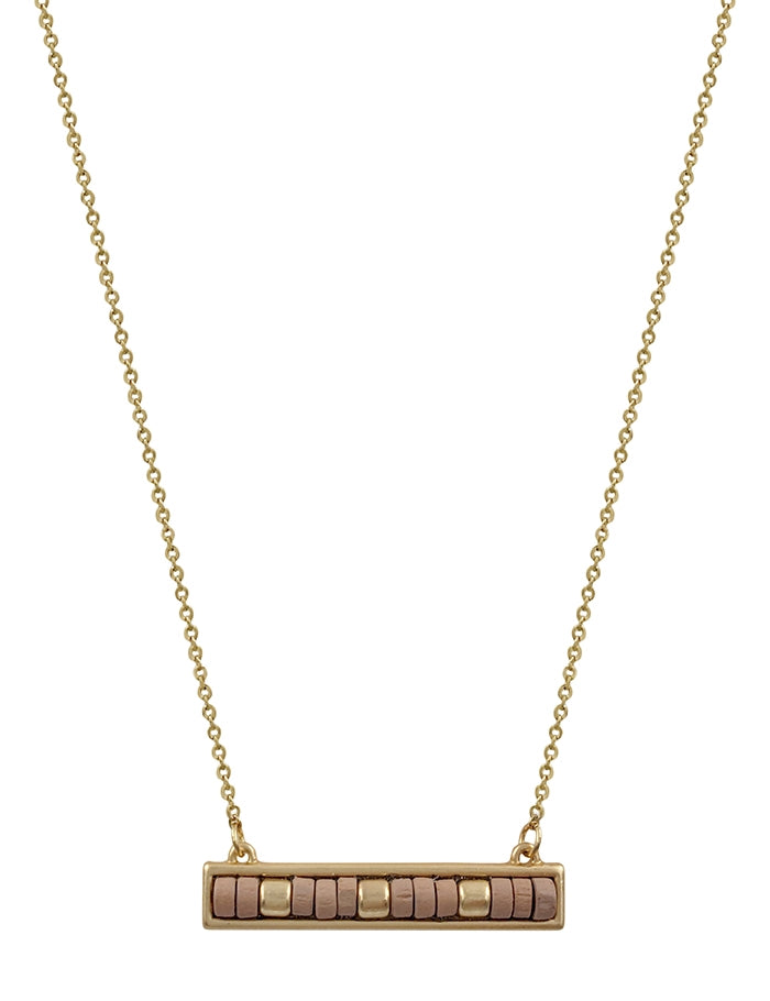 Taupe Wood and Gold Beaded Bar Necklace