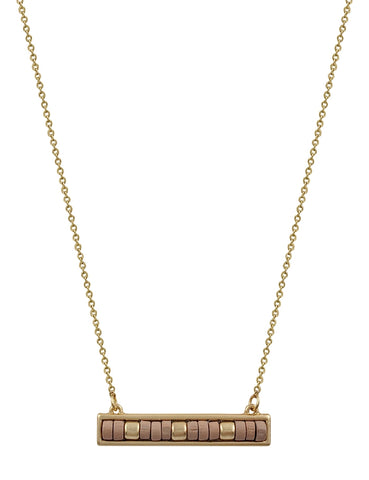 Taupe Wood and Gold Beaded Bar Necklace
