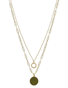 Double Layered Gold Circle and Grey Wood Necklace