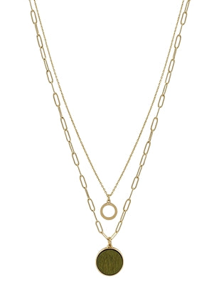 Double Layered Gold Circle and Grey Wood Necklace