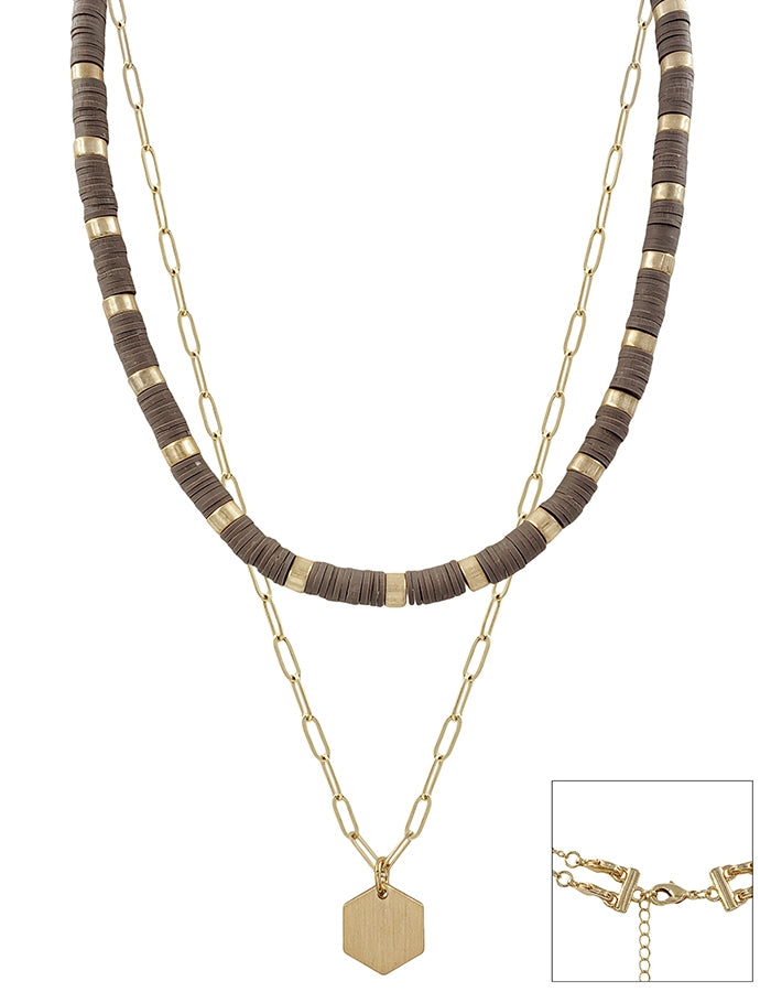 Taupe and Gold Hexagon Double Layer Necklace