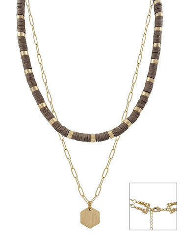 Taupe and Gold Hexagon Double Layer Necklace