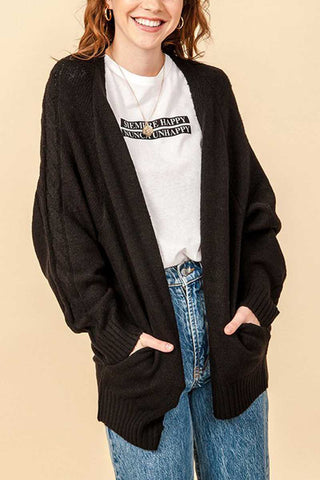 Black Raglan Cable Knit Sweater Cardigan